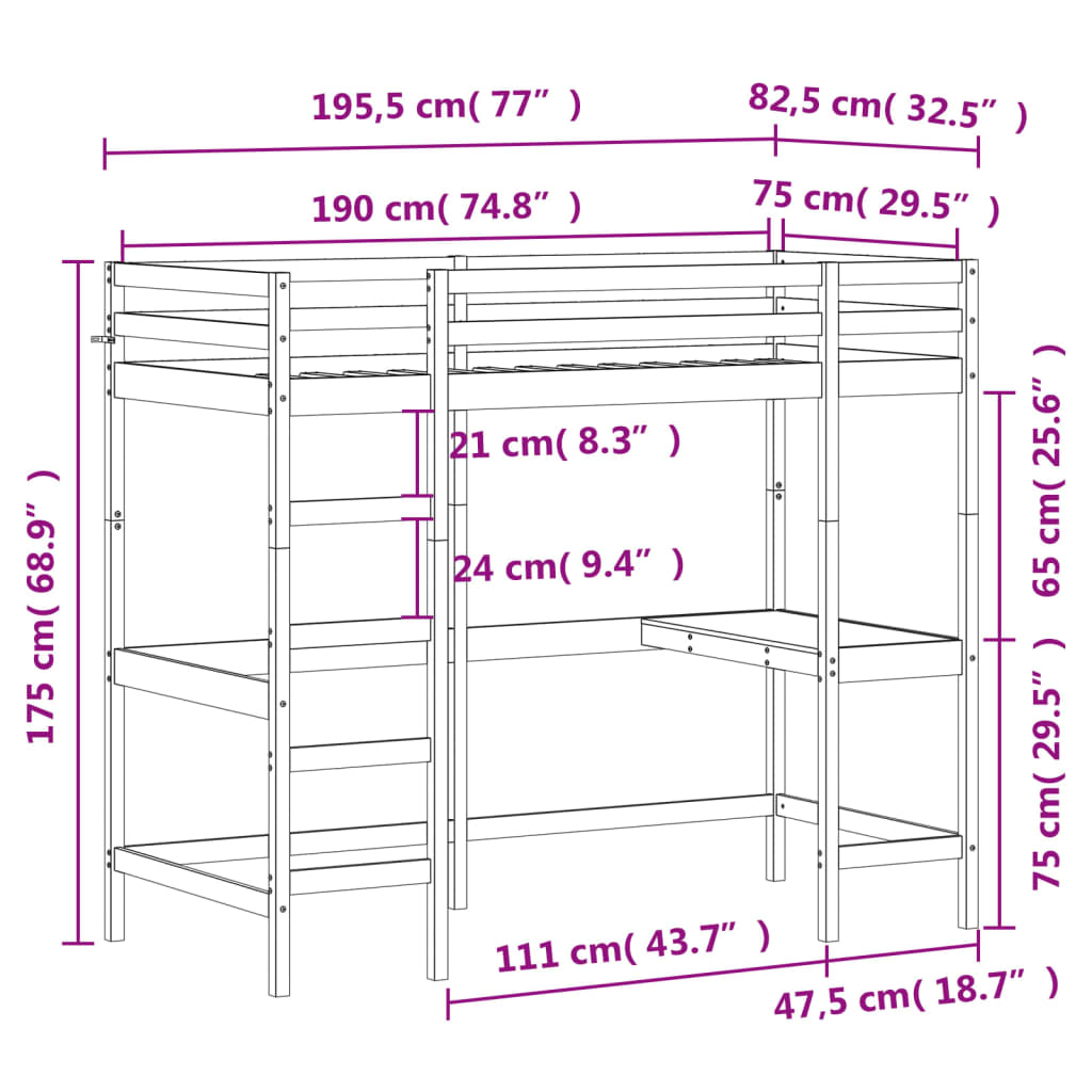 vidaXL Våningssäng med skrivbord vit 75x190 cm massiv furu