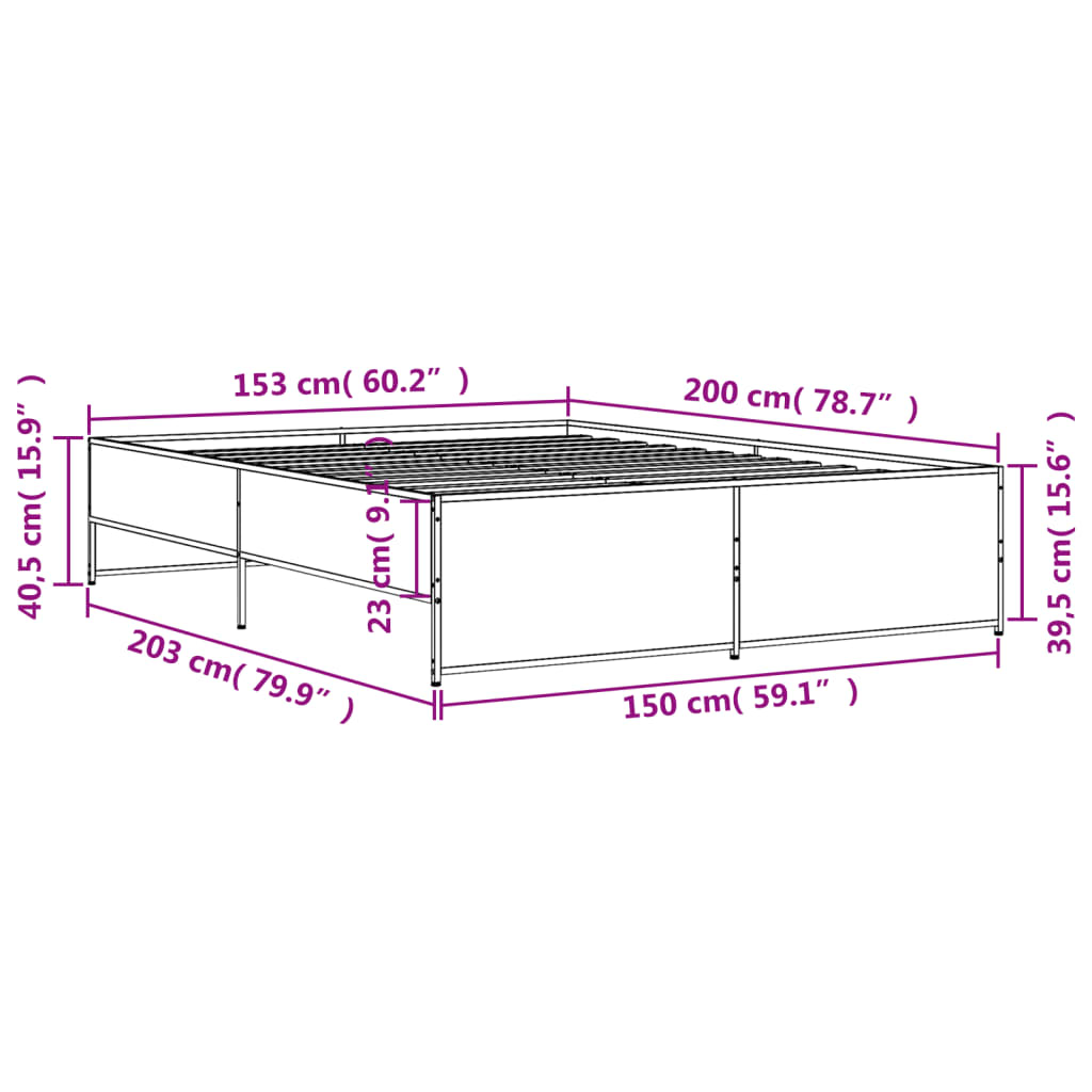 vidaXL Sängram rökfärgad ek 150x200 cm konstruerad trä och metall