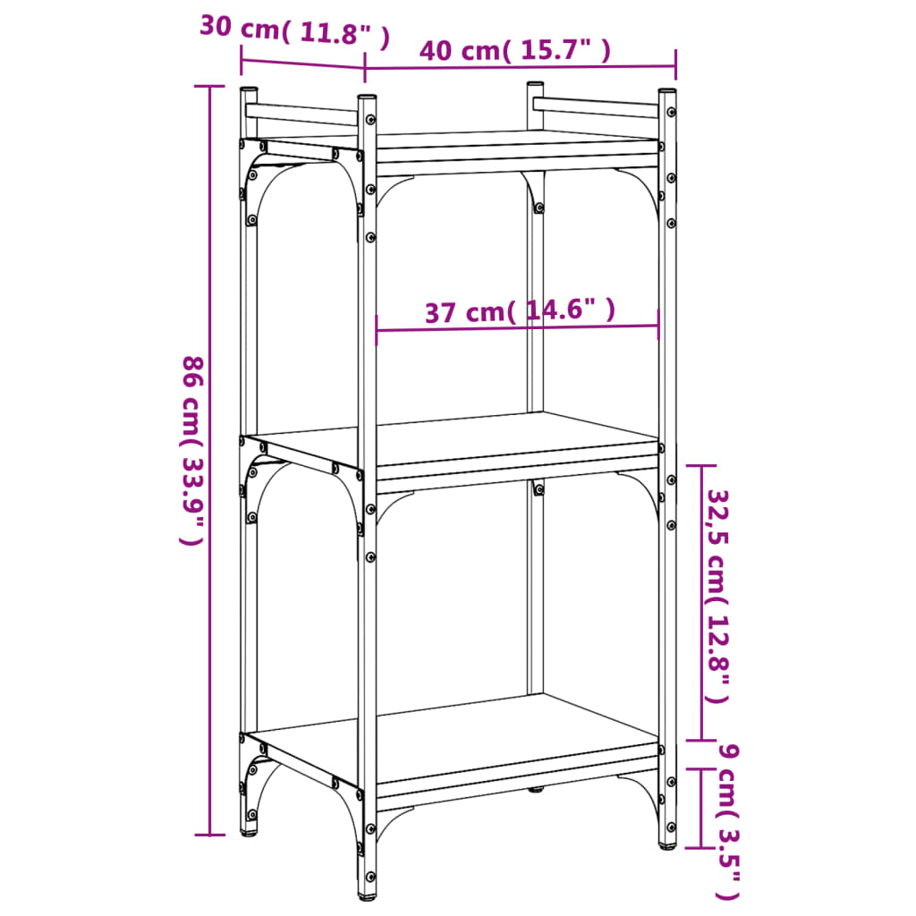 vidaXL Bokhylla 3 hyllplan rökfärgad ek 40x30x86 cm konstruerat trä