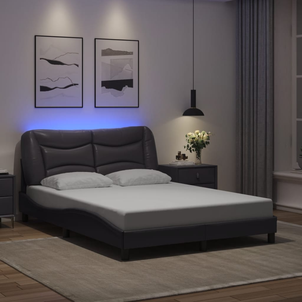 vidaXL Sängram med LED-belysning grå 140x190 cm konstläder