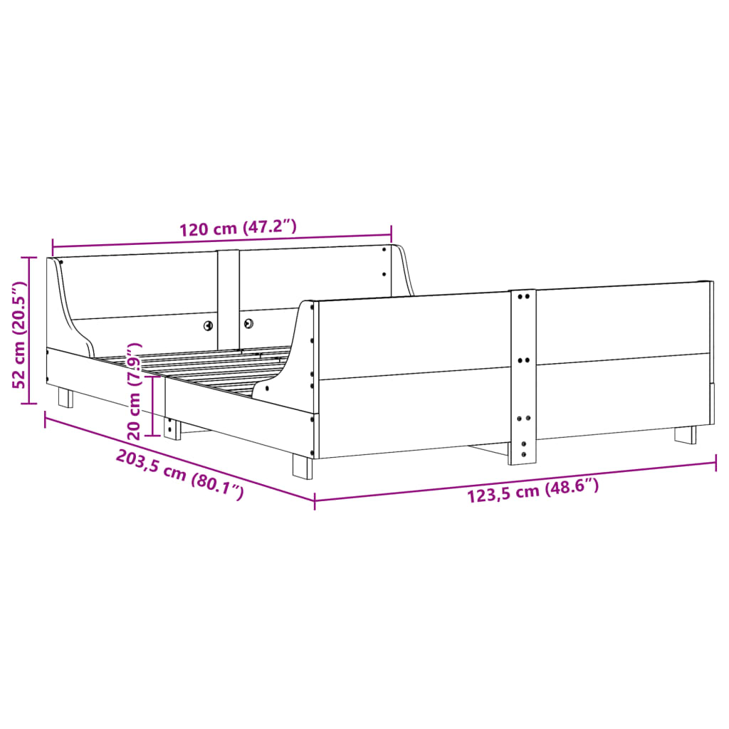 vidaXL Sängram utan madrass vit 120x200 cm massiv furu