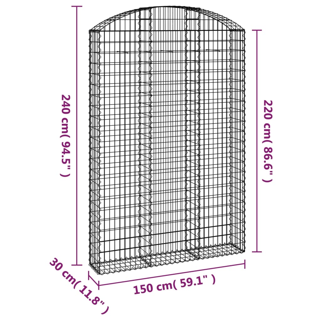 vidaXL Gabion bågformad 150x30x220/240 cm galvaniserat järn