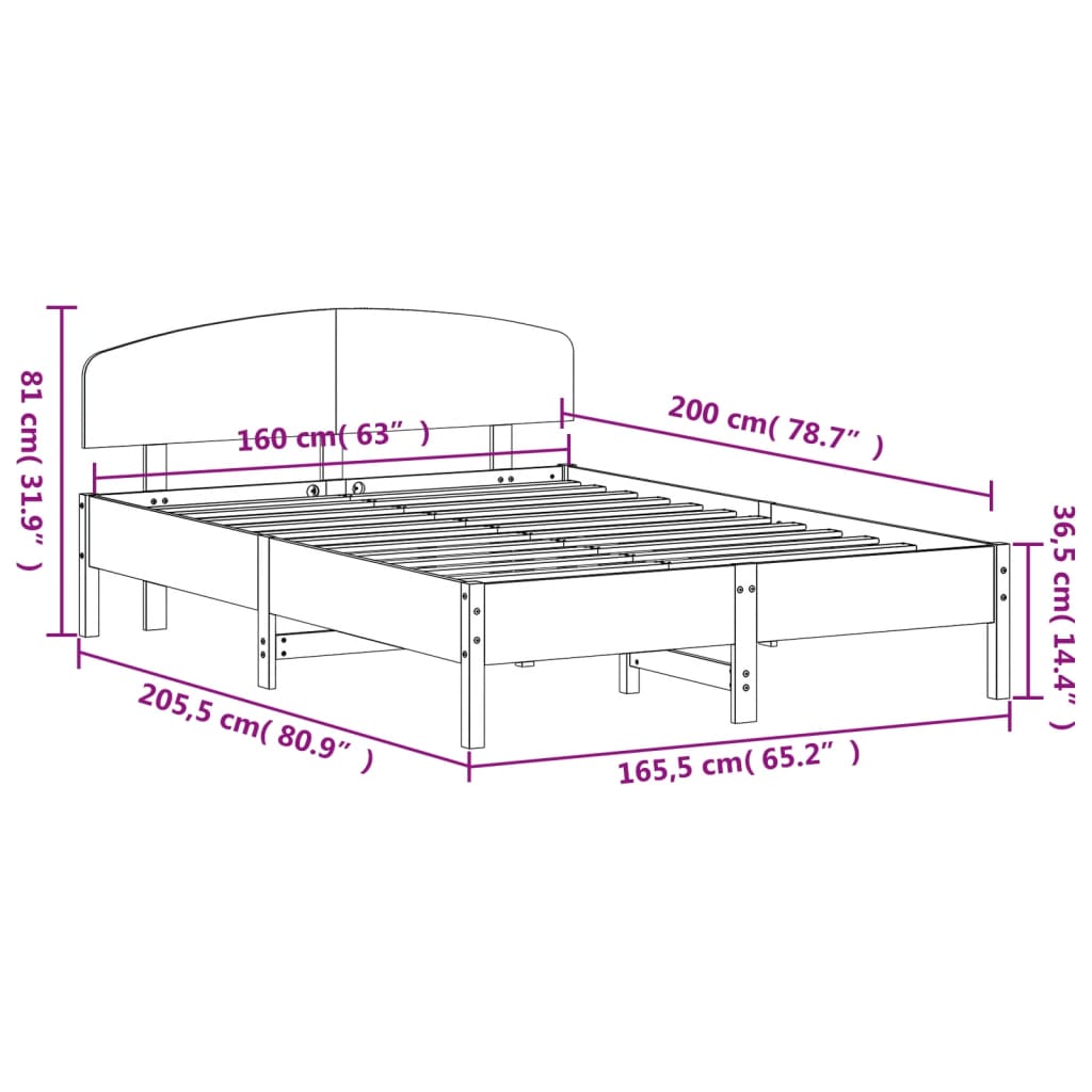 vidaXL Sängram utan madrass vaxbrun 160x200 cm massiv furu