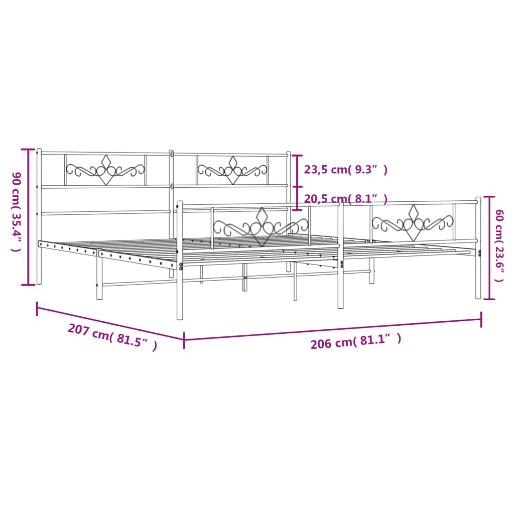 vidaXL Sängram med huvudgavel och fotgavel vit metall 200x200 cm