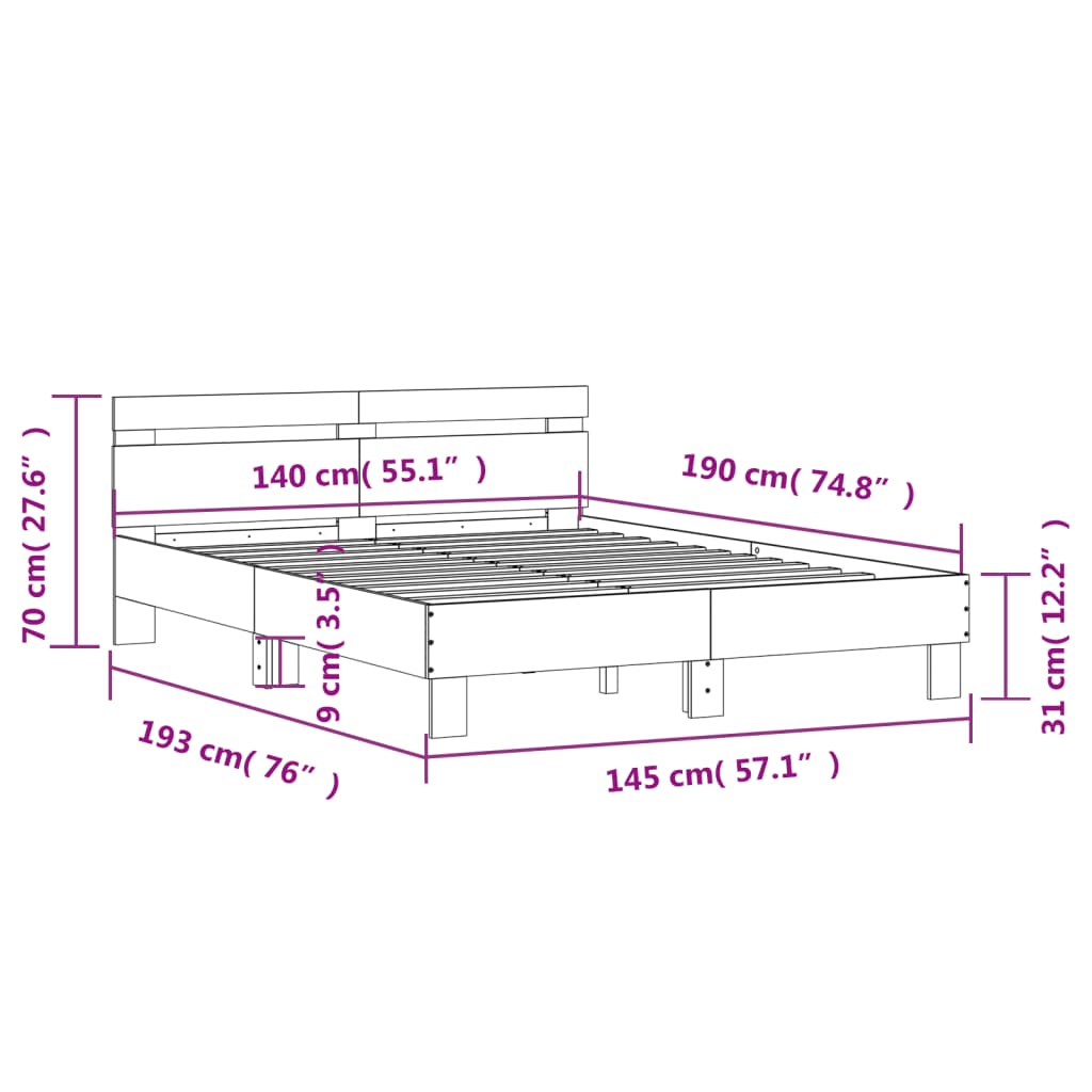 vidaXL Sängram med huvudgavel betonggrå 140x190 cm konstruerat trä