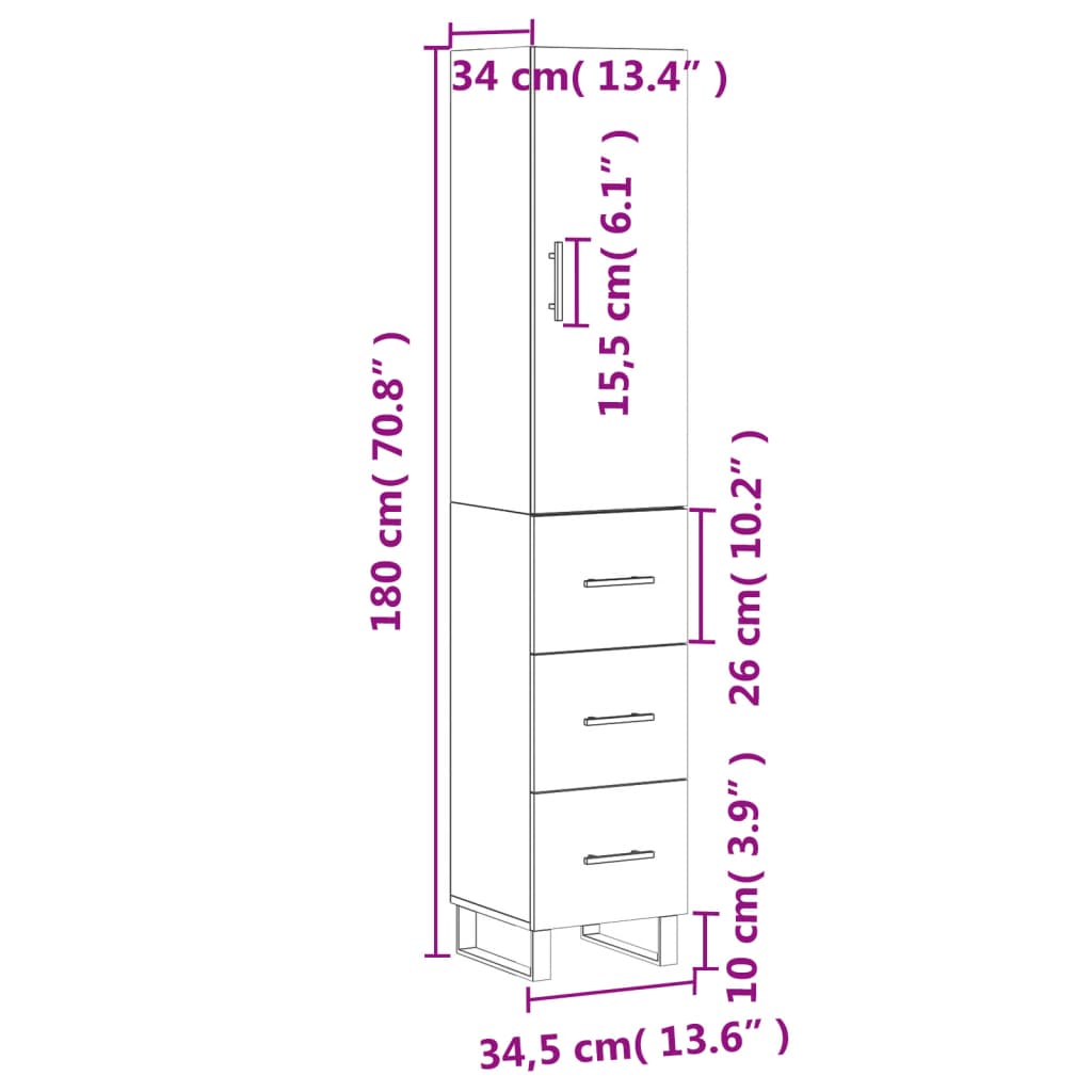 vidaXL Högskåp betonggrå 34,5x34x180 cm konstruerat trä