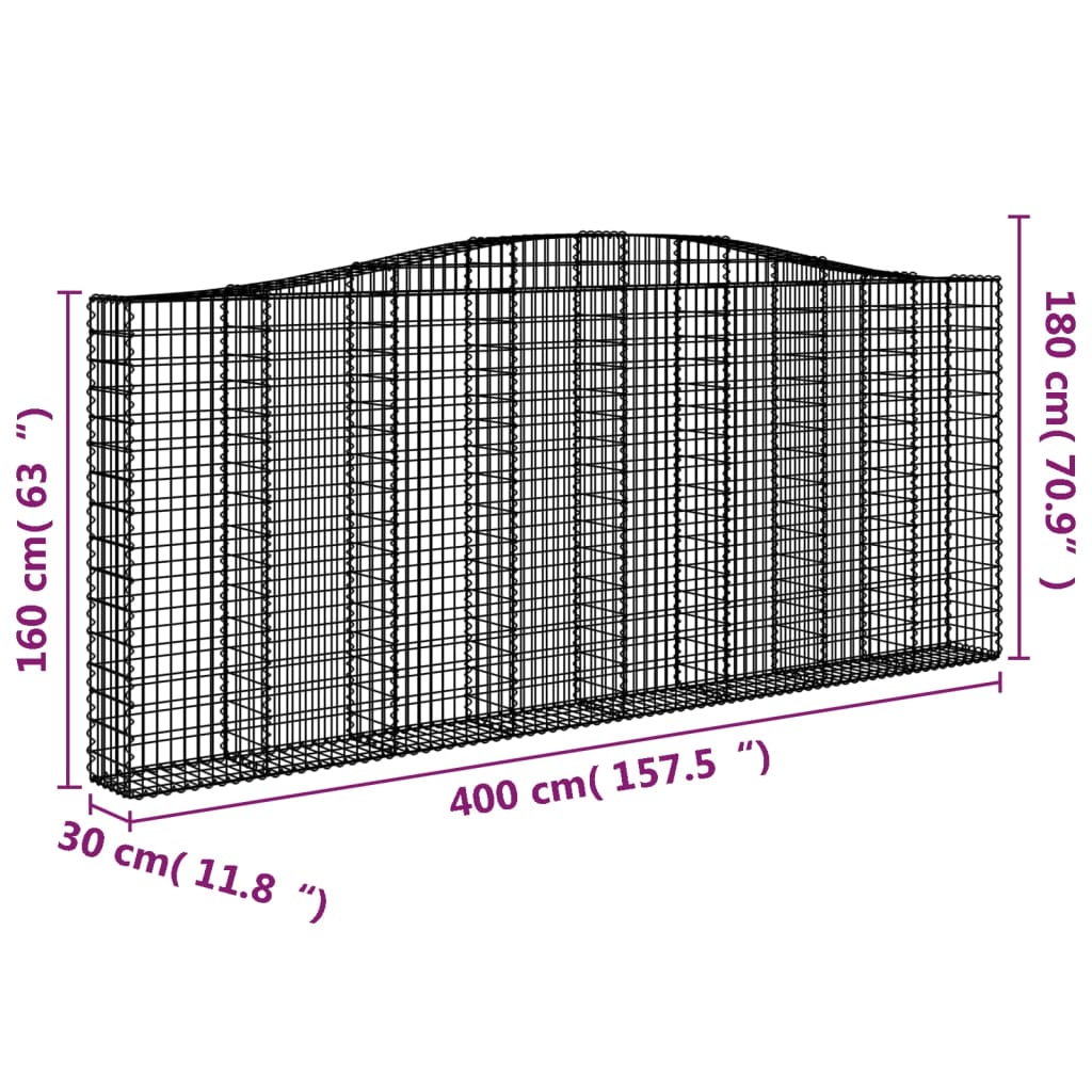 vidaXL Gabion bågformad 3 st 400x30x160/180 cm galvaniserat järn