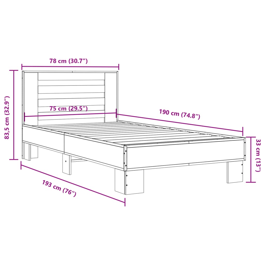 VidaXL Sängram svart 75x190 cm konstruerat trä och metall