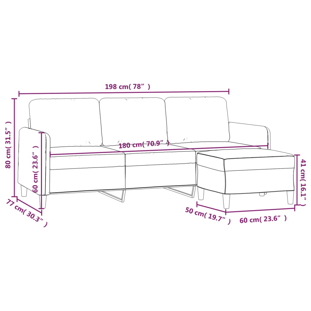 vidaXL 3-sitssoffa med fotpall Svart 180 cm tyg