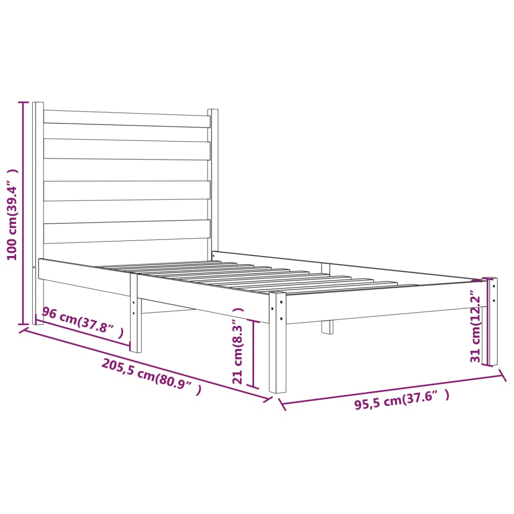 vidaXL Sängram massiv furu 90x200 cm