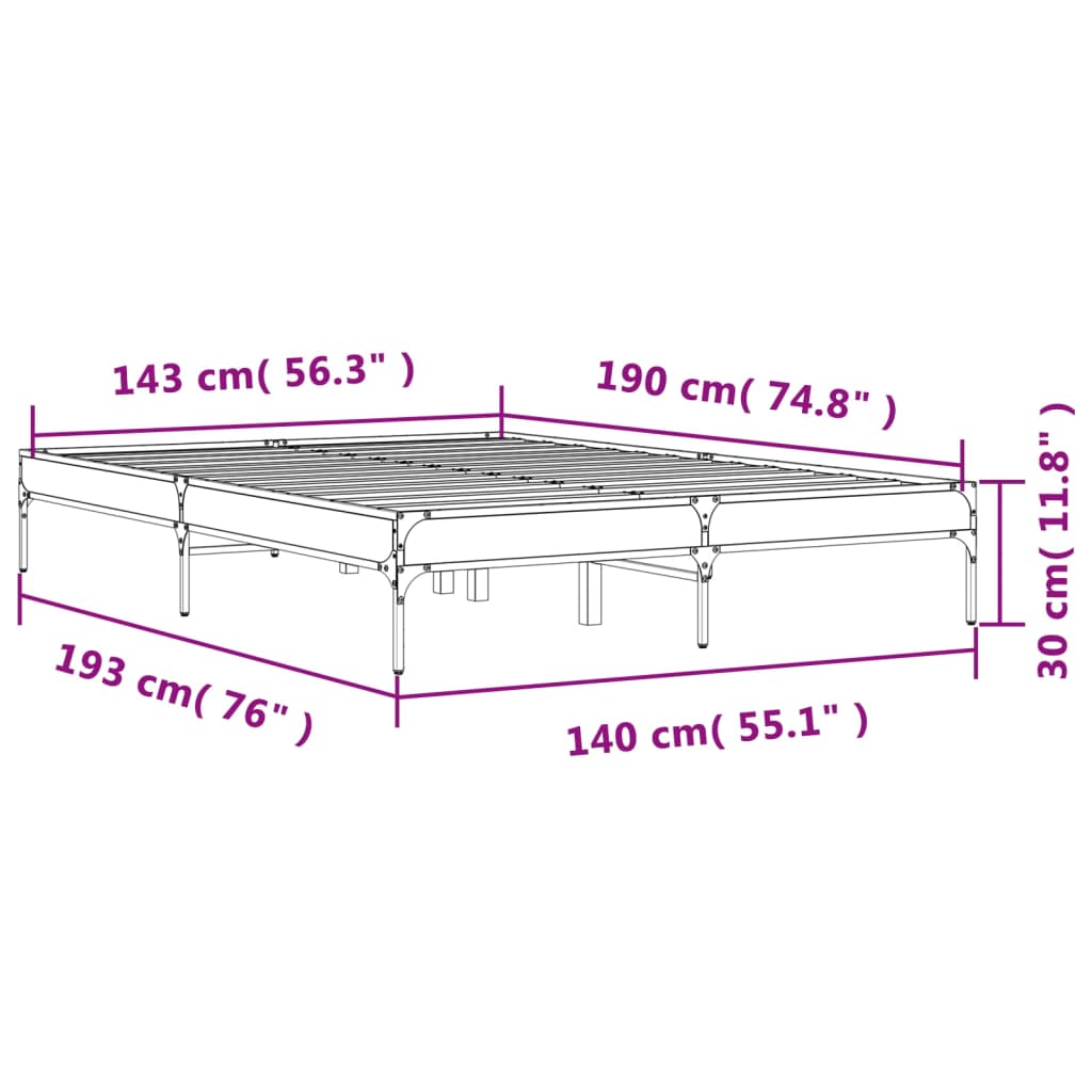 vidaXL Sängram rökfärgad ek 140x190 cm konstruerat trä och metall