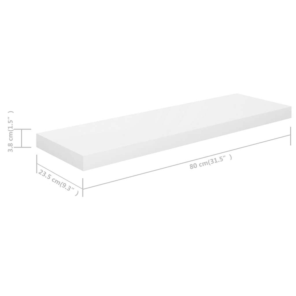 vidaXL Svävande vägghyllor 2 st vit högglans 80x23,5x3,8 cm MDF