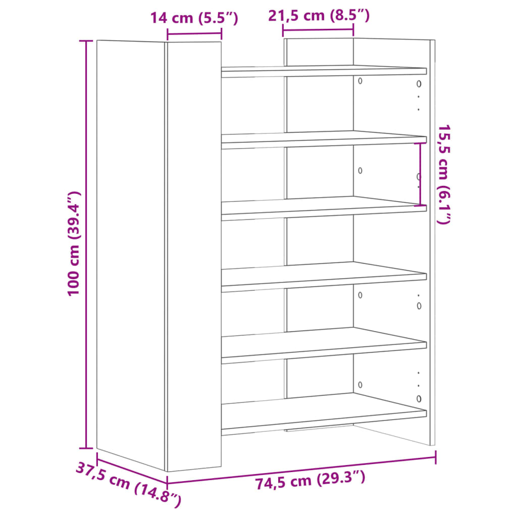 vidaXL Skoskåp sonoma-ek 74,5x37,5x100 cm konstruerat trä