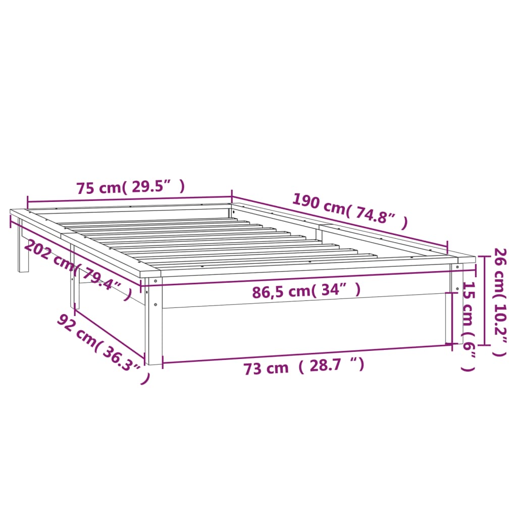 vidaXL Sängram LED svart 75x190 cm massivt trä