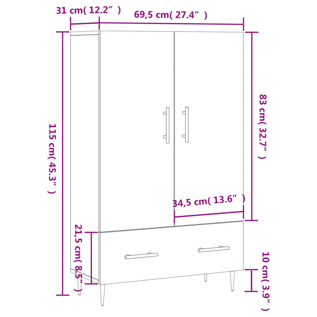 vidaXL Högskåp betonggrå 69,5x31x115 cm konstruerat trä