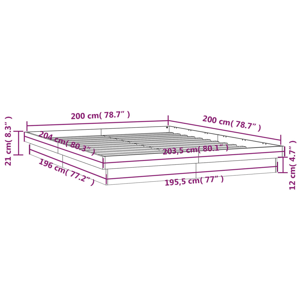 vidaXL Sängram med LED vaxad brun 200x200 cm massiv furu