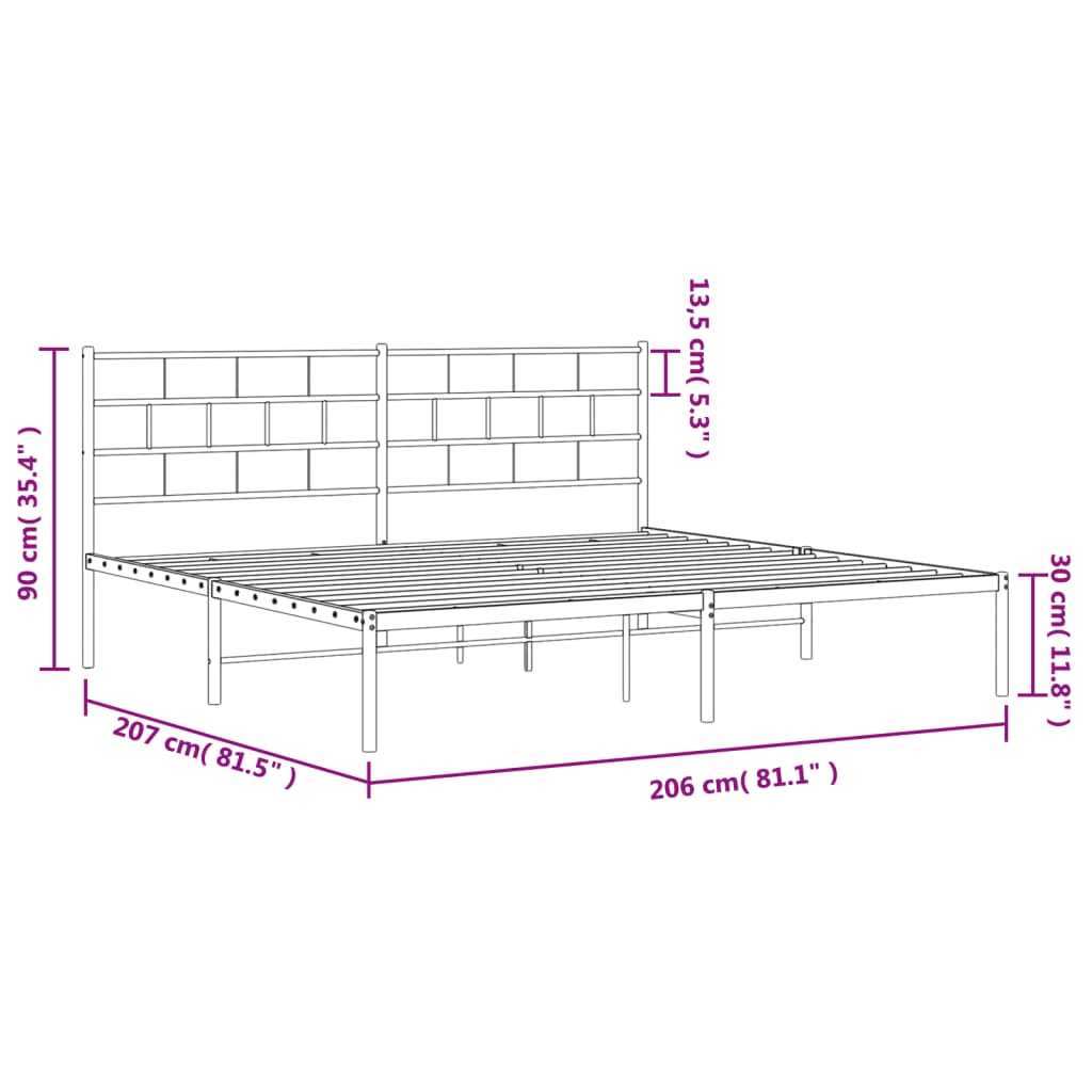 vidaXL Sängram med huvudgavel metall vit 200x200 cm