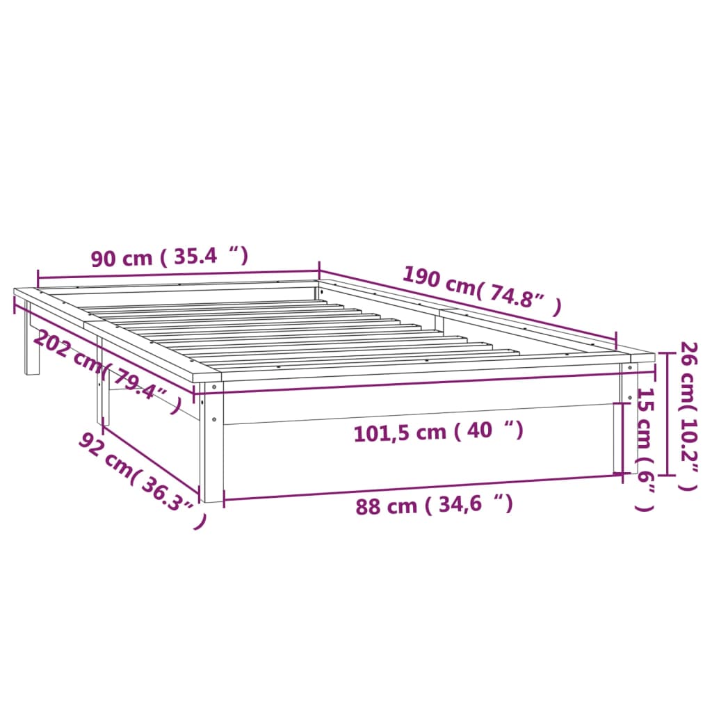 vidaXL Sängram LED honungsbrun 90x190 cm massivt trä