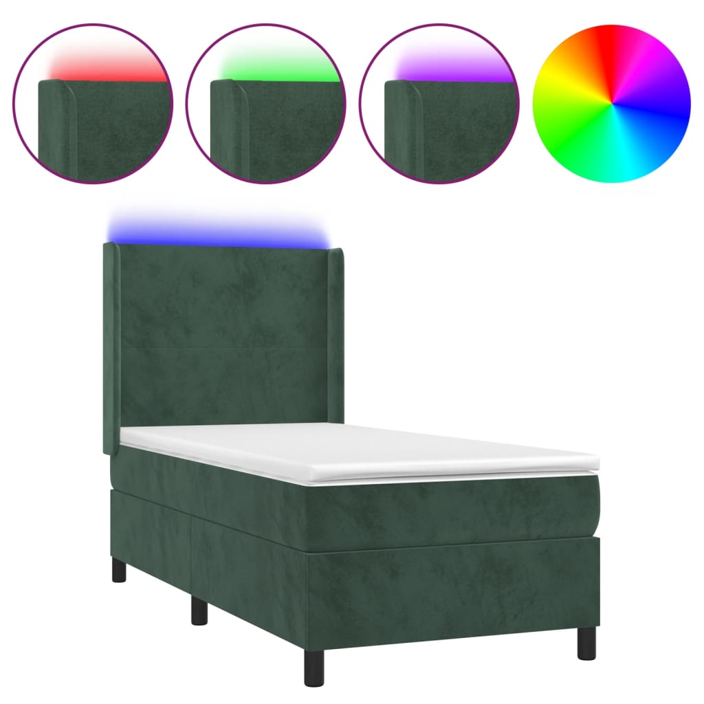 vidaXL Ramsäng med madrass & LED mörkgrön 90x200 cm sammet