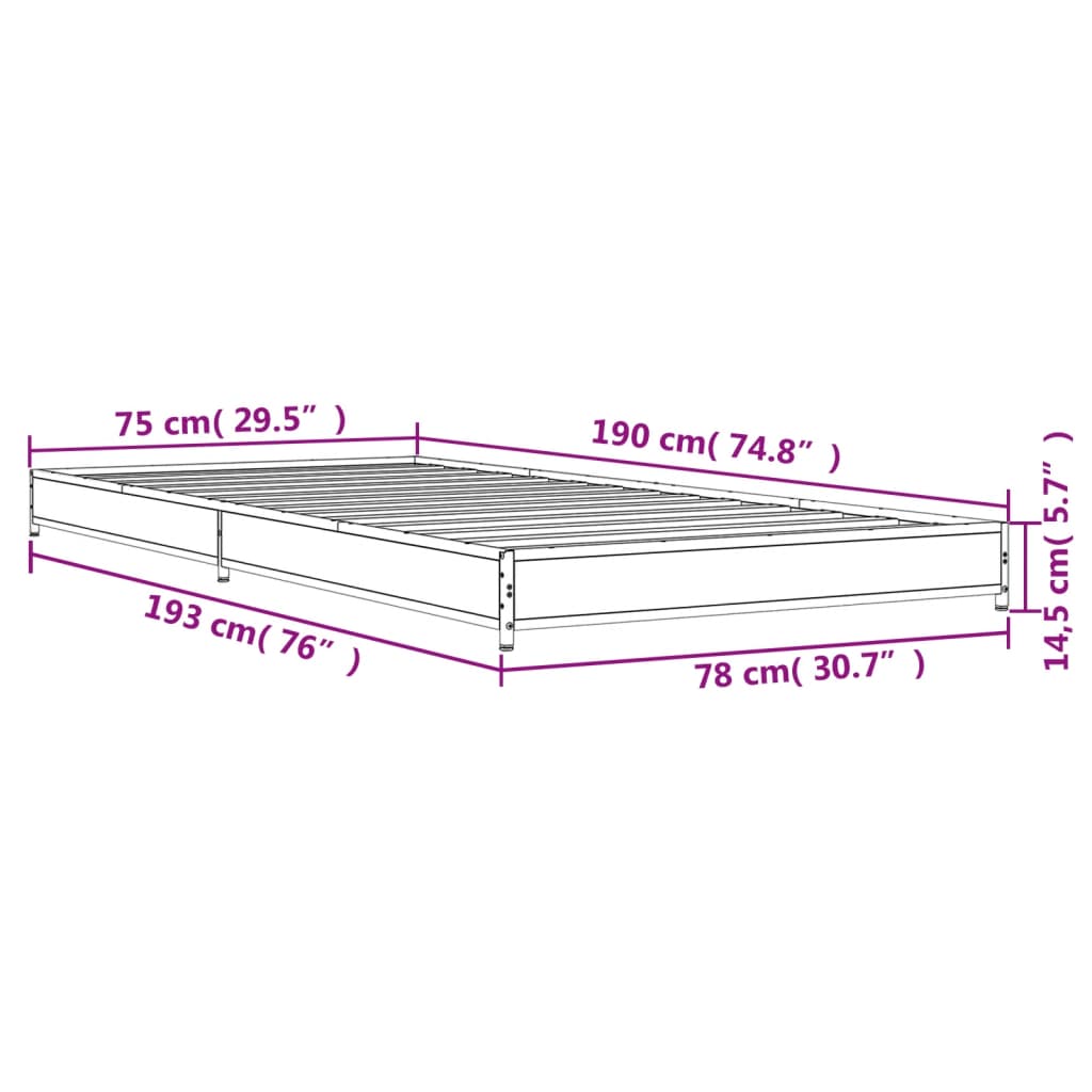 vidaXL Sängram grå sonoma 75x190 cm konstruerat trä och metall