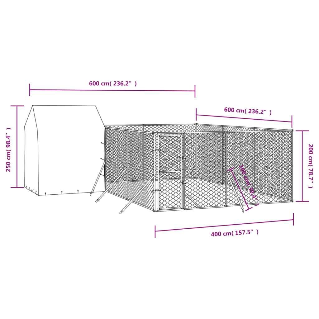 vidaXL Hundgård med tak silver 6x6x2,5 m galvaniserat stål