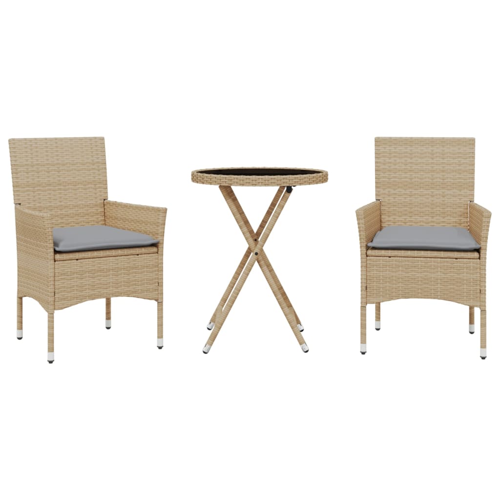 vidaXL Bistrogrupp med dynor 3 delar beige konstrotting och glas