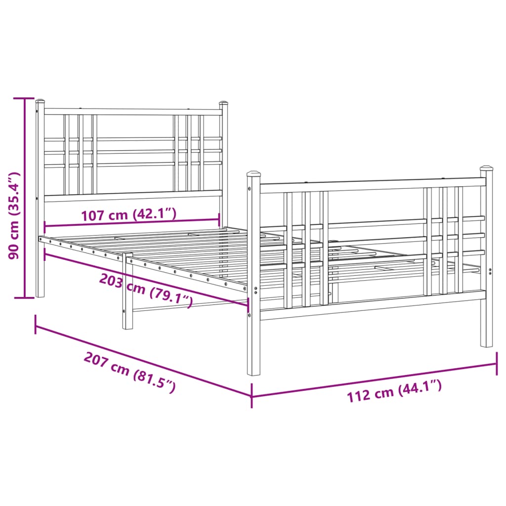 vidaXL Sängram med huvudgavel och fotgavel vit metall 107x203 cm