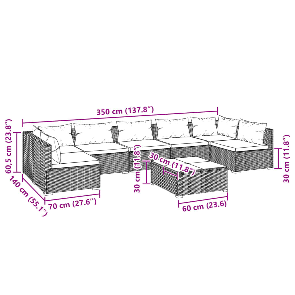 vidaXL Loungegrupp för trädgården med dynor 8 delar konstrotting brun