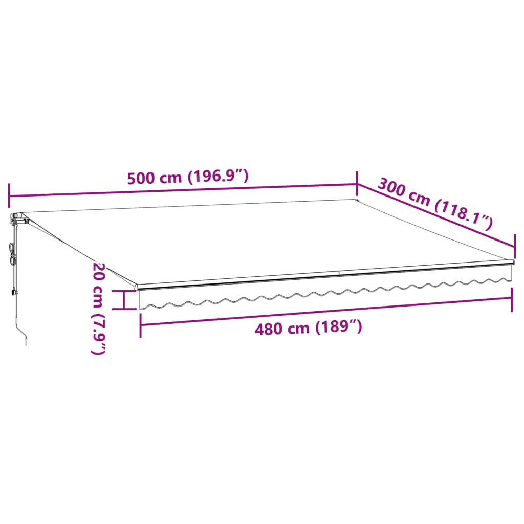 vidaXL Markis automatiskt infällbar med LEDs 500x300 cm brun