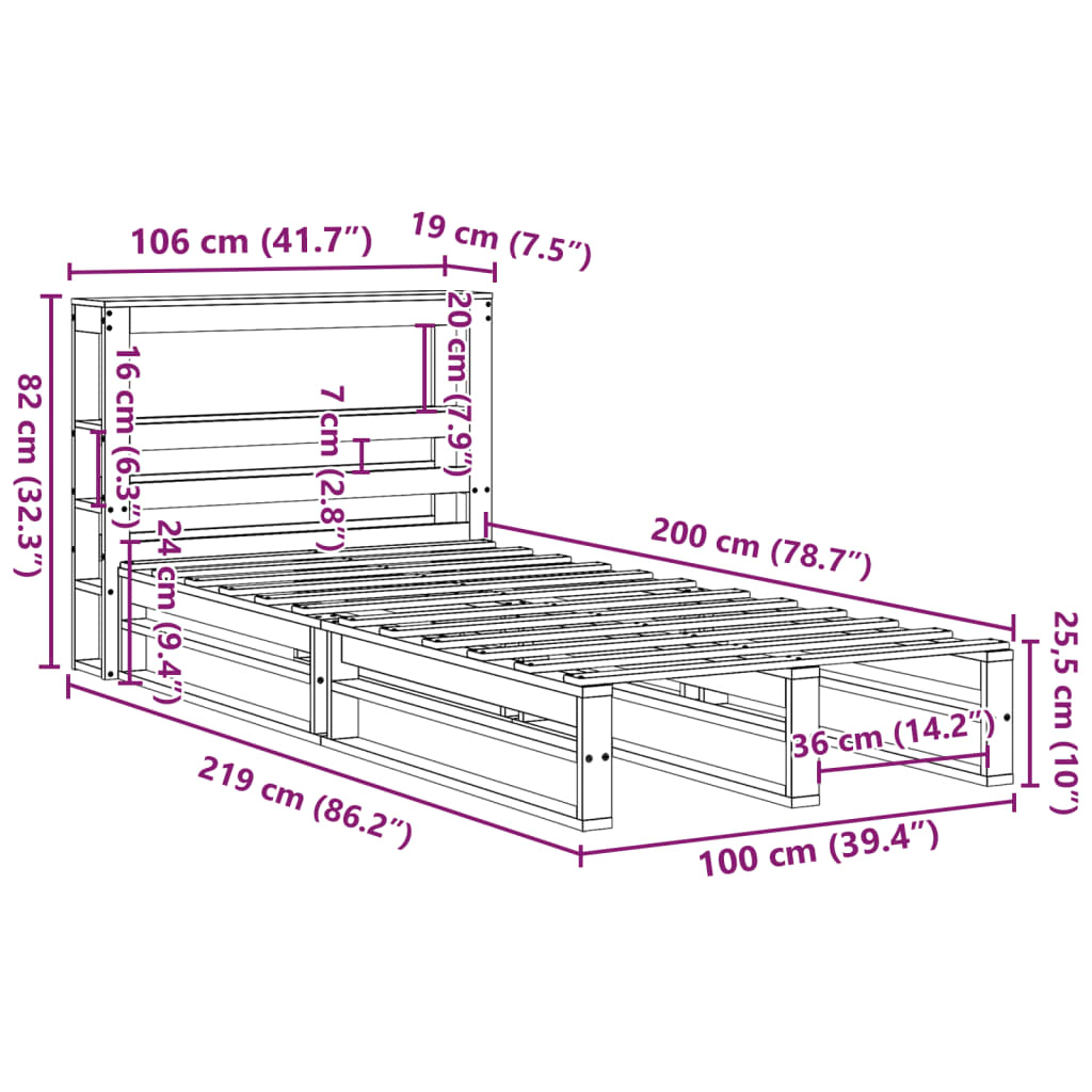 vidaXL Sängram utan madrass 100x200 cm massiv furu