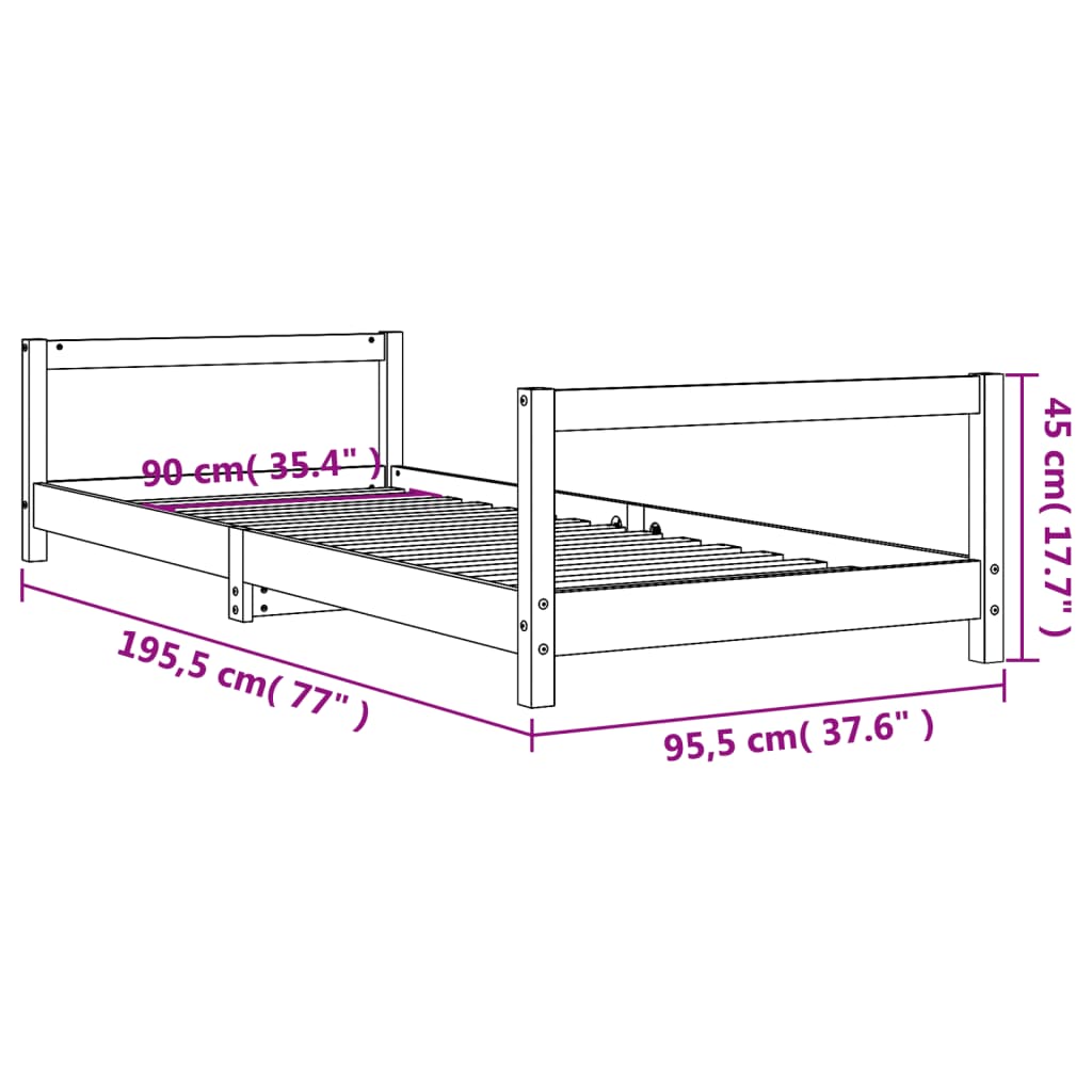 vidaXL Sängram för barn vit 90x190 cm massiv furu