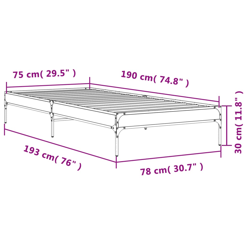 vidaXL Sängram rökfärgad ek 75x190 cm konstruerat trä och metall