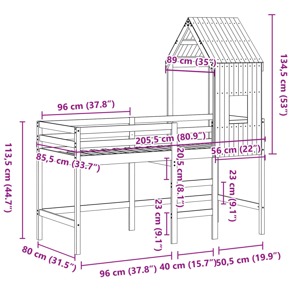 vidaXL Våningssäng med stege och tak 80x200 cm massiv furu