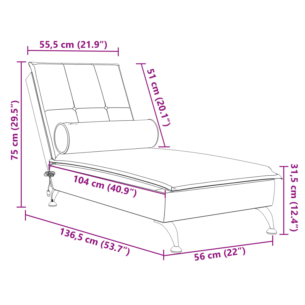 vidaXL Massageschäslong med bolster vinröd sammet