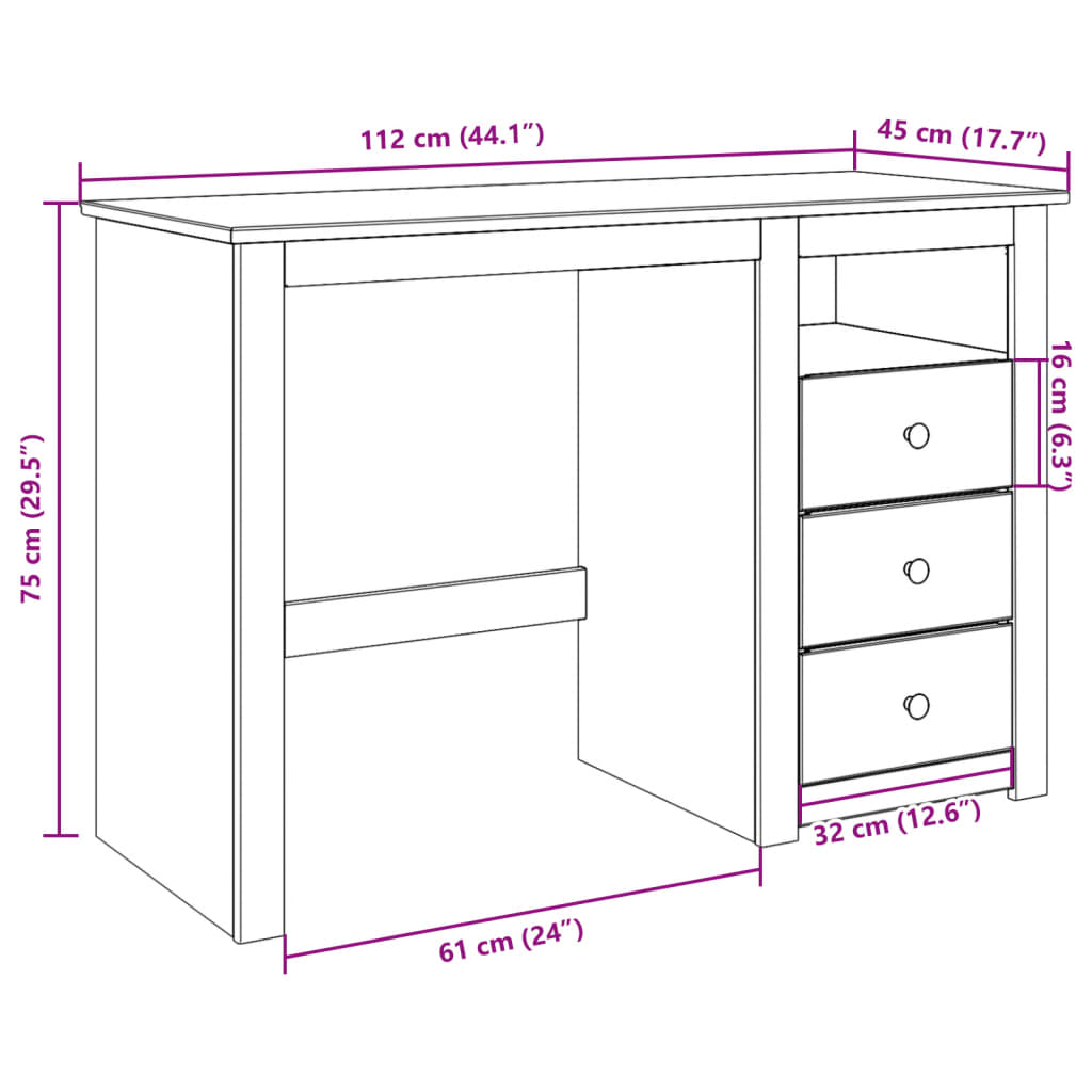 vidaXL Skrivbord Panama 112x45x75 cm massiv furu