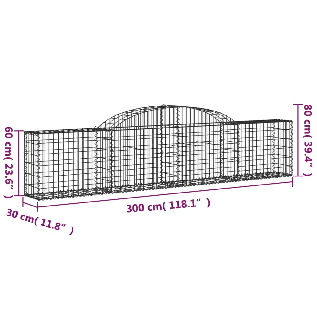 vidaXL Gabioner bågformade 9 st 300x30x60/80 cm galvaniserat järn