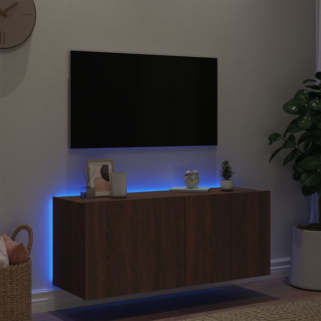 vidaXL Väggmonterad tv-bänk LED brun ek 100x35x41 cm