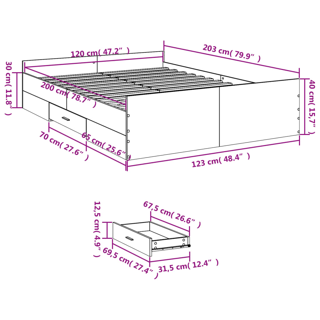 vidaXL Sängram med lådor sonoma-ek 120x200 cm konstruerat trä