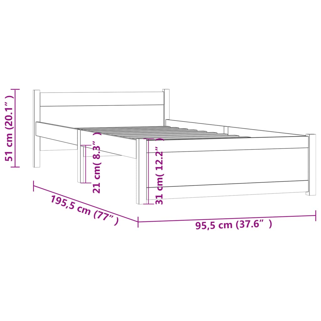 vidaXL Sängram vit massivt trä 90x190 cm