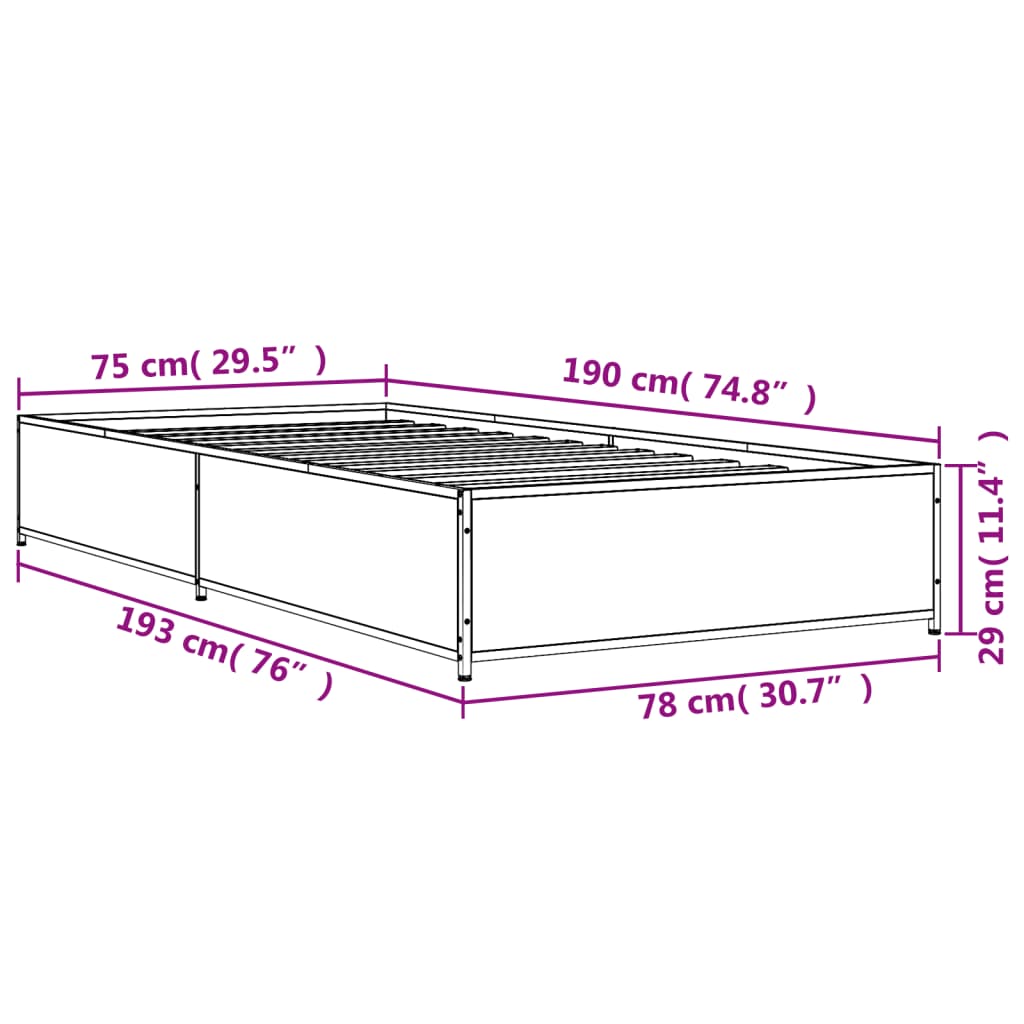 vidaXL Sängram sonoma-ek 75x190 cm konstruerat trä och metall