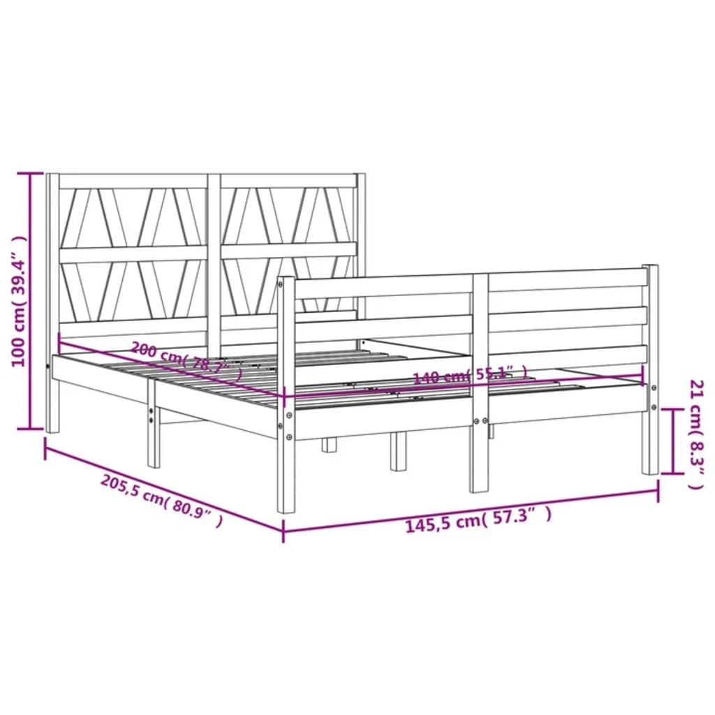 vidaXL Sängram med huvudgavel vit 140x200 cm massivt trä