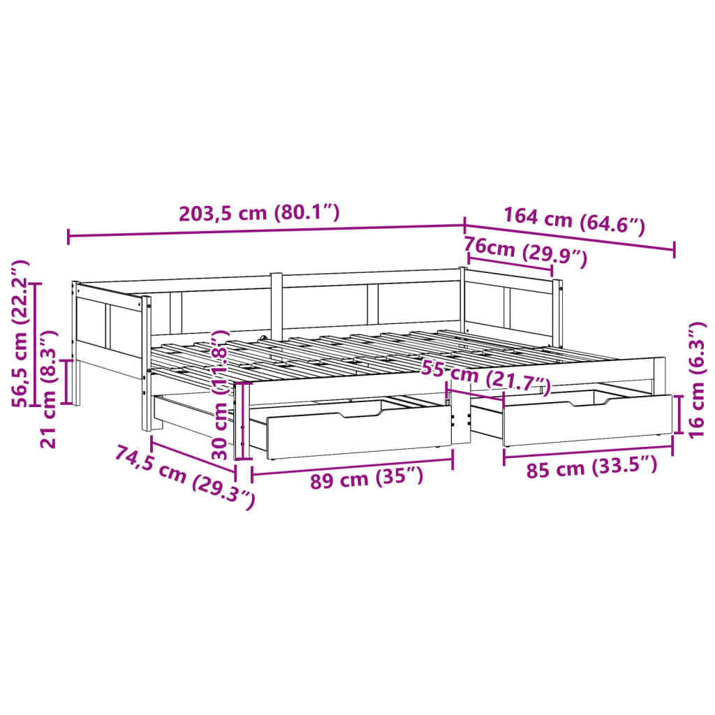 vidaXL Utdragbar dagbädd med lådor vit 80x200 cm massiv furu