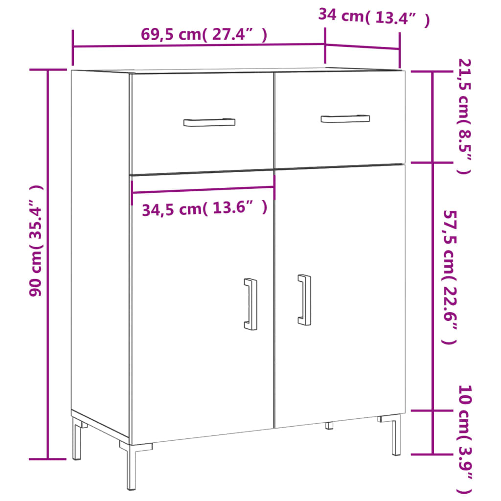 vidaXL Skänk vit högglans 69,5x34x90 cm konstruerat trä