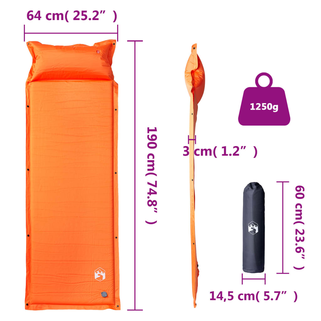 vidaXL Självuppblåsande campingmadrass med kudde 1 person orange