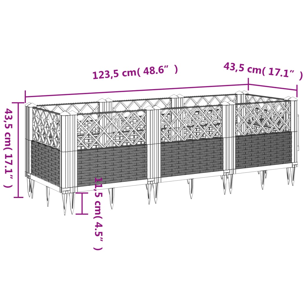 vidaXL Odlingslåda med piggar ljusgrå 123,5x43,5x43,5 cm PP