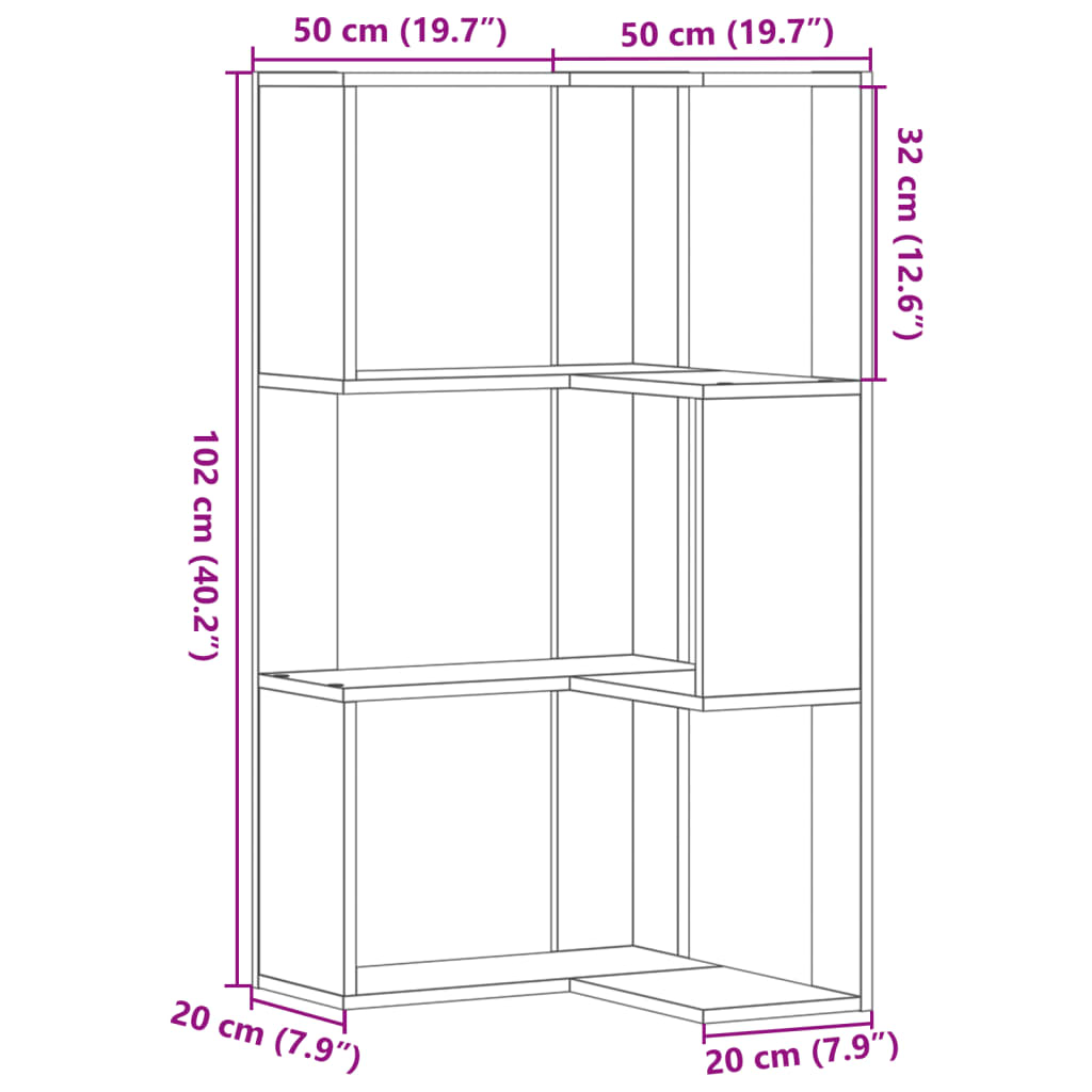 vidaXL Bokhylla hörn 3 hyllplan grå sonoma 50x50x102cm konstruerat trä