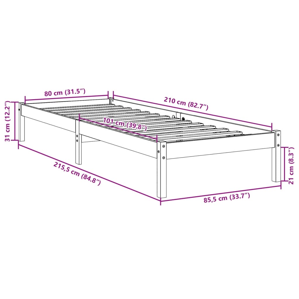 vidaXL Sängram utan madrass extra lång 80x210 cm massiv furu