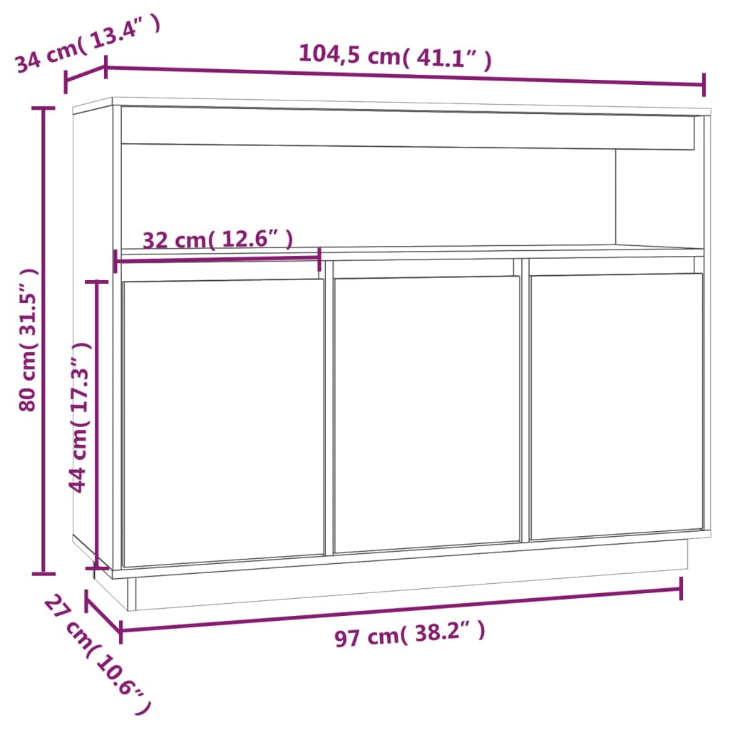 vidaXL Skänk svart 104,5x34x80 cm massiv furu