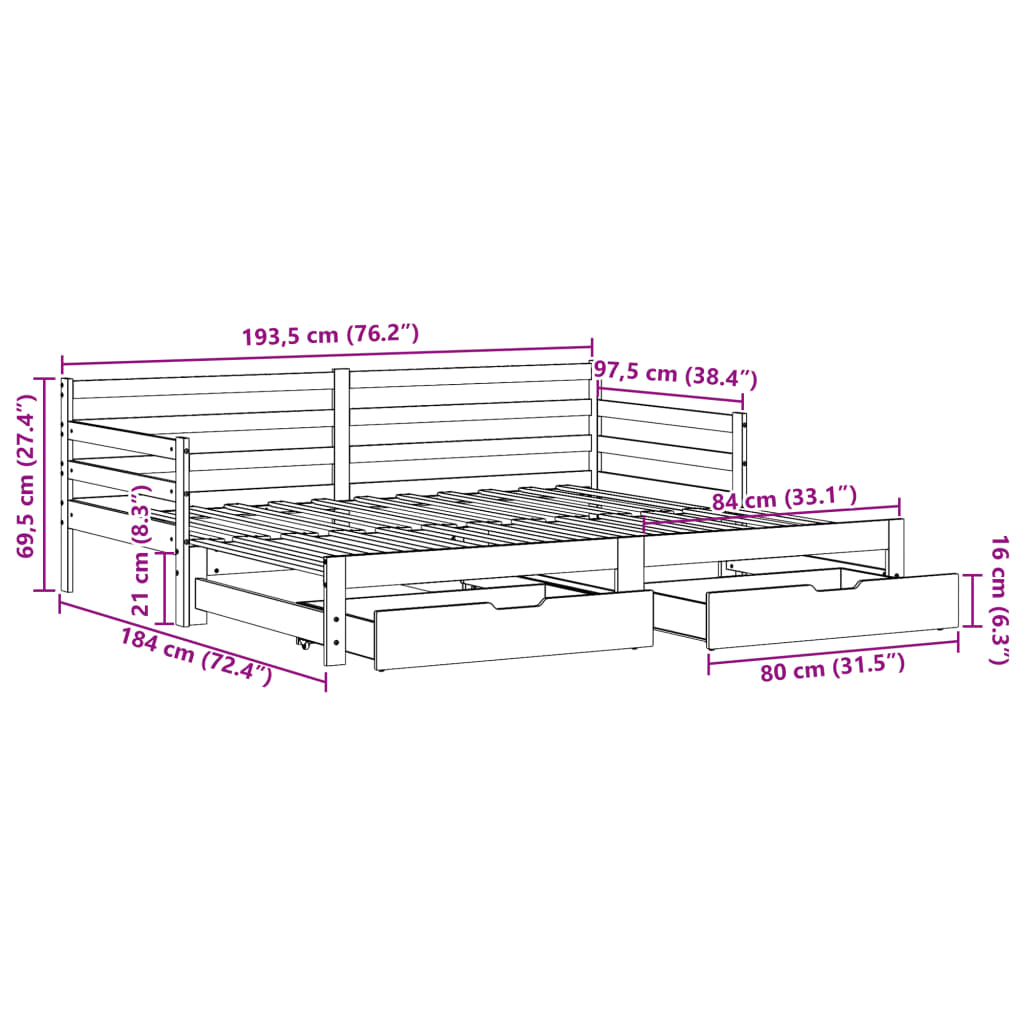 vidaXL Utdragbar dagbädd med lådor vit 90x190 cm massiv furu