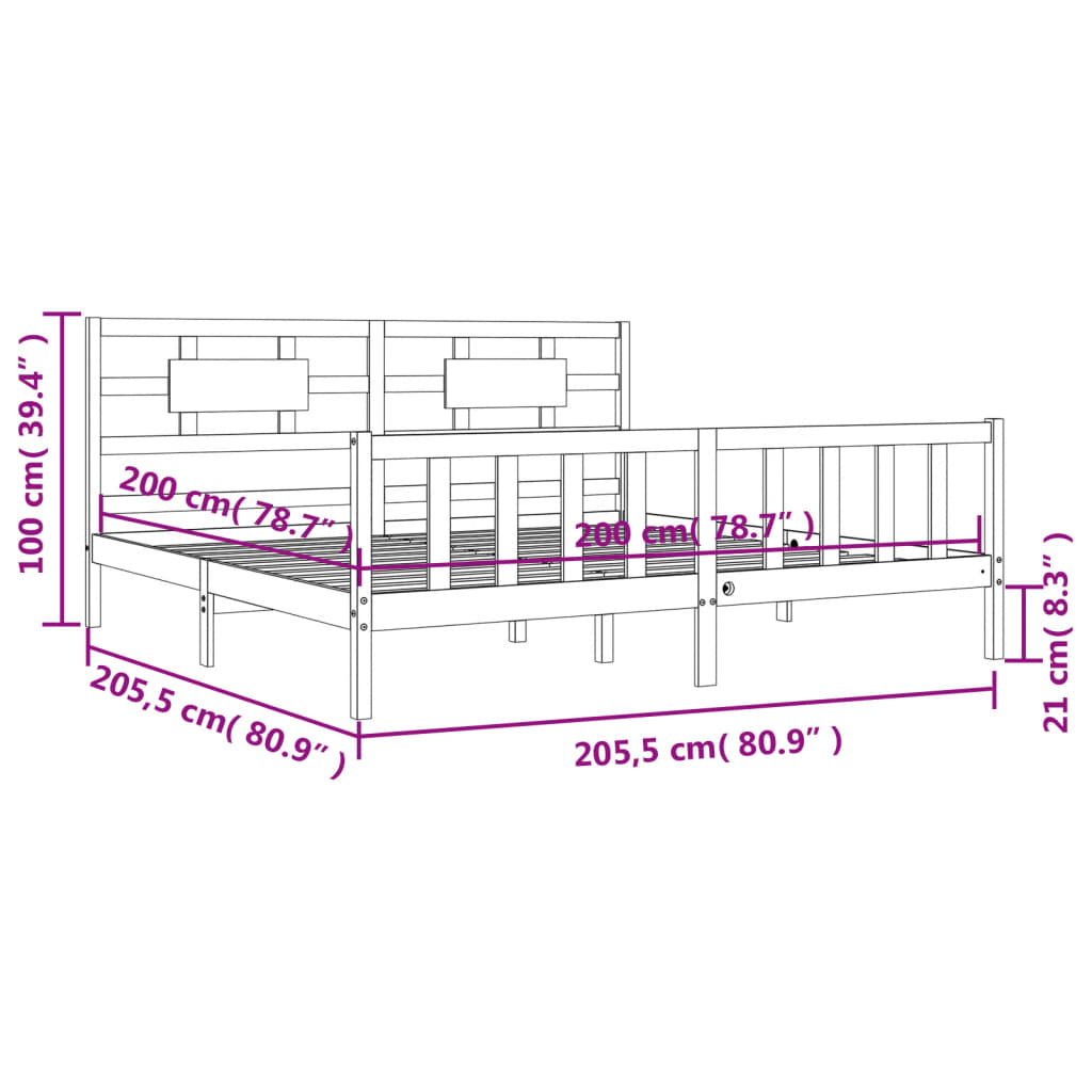 vidaXL Sängram med huvudgavel vit 200x200 cm massivt trä